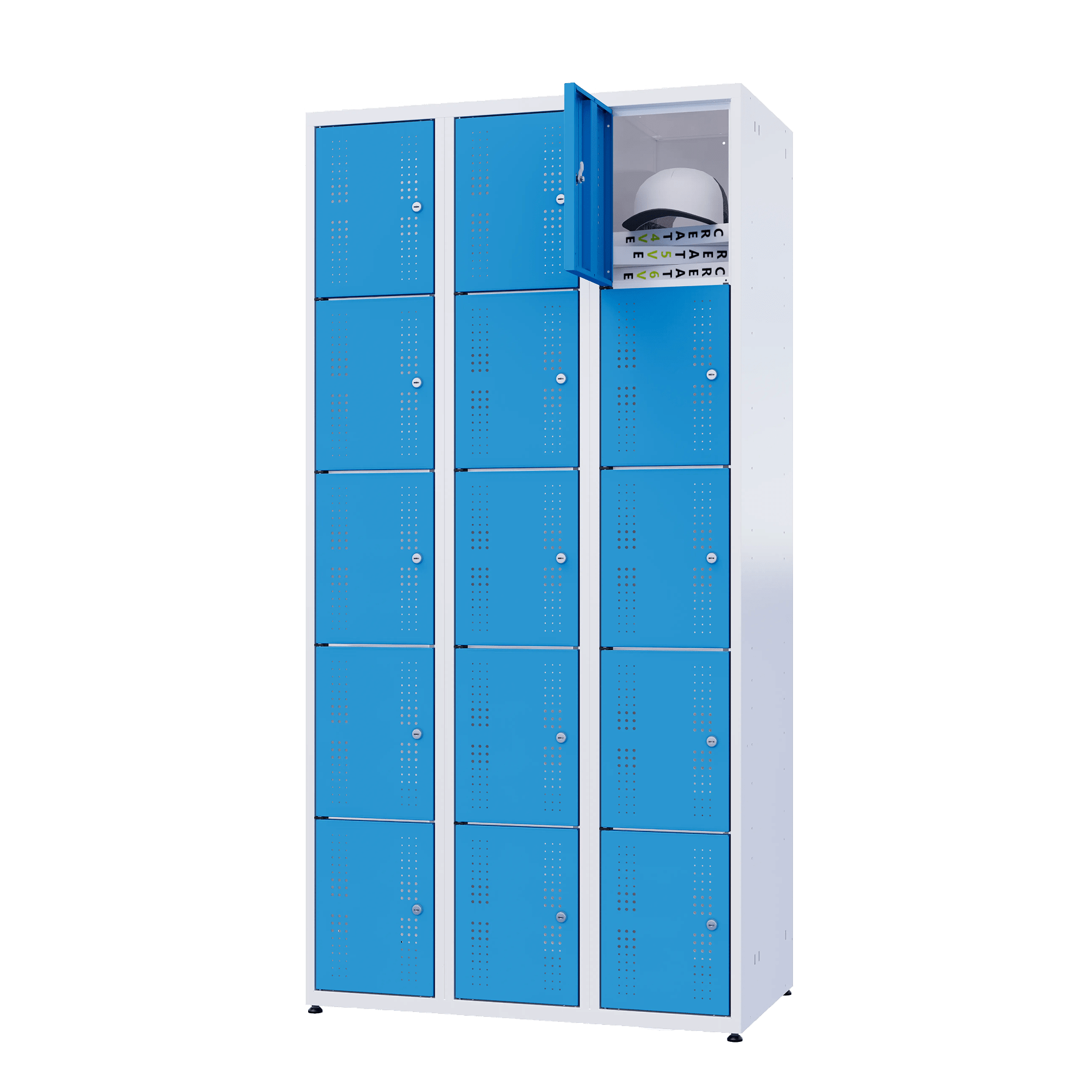 Metalen lockers met vijf deuren in blauwe uitvoering.