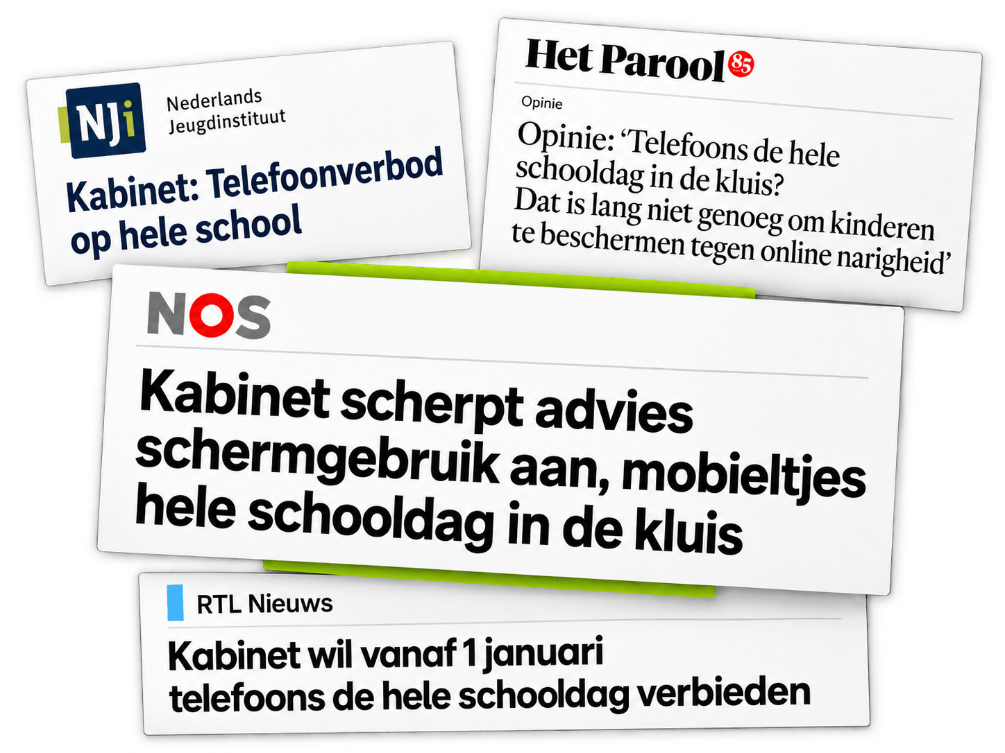Collage van nieuwsberichten over telefoongebruik en telefoonopslag op school